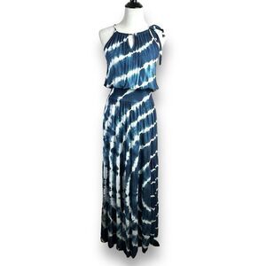 Promesa Women's M‎ High Neck Tiered Maxi Dress Blue White Tie Dye Bohemian Beach